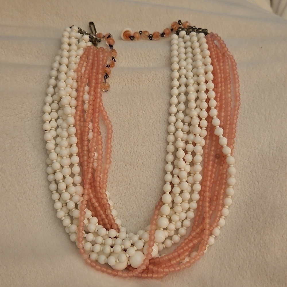 Vintage 1950s Multi-Strand Candy Pink and White Milk Glass Beaded Necklace - Picture 2 of 12